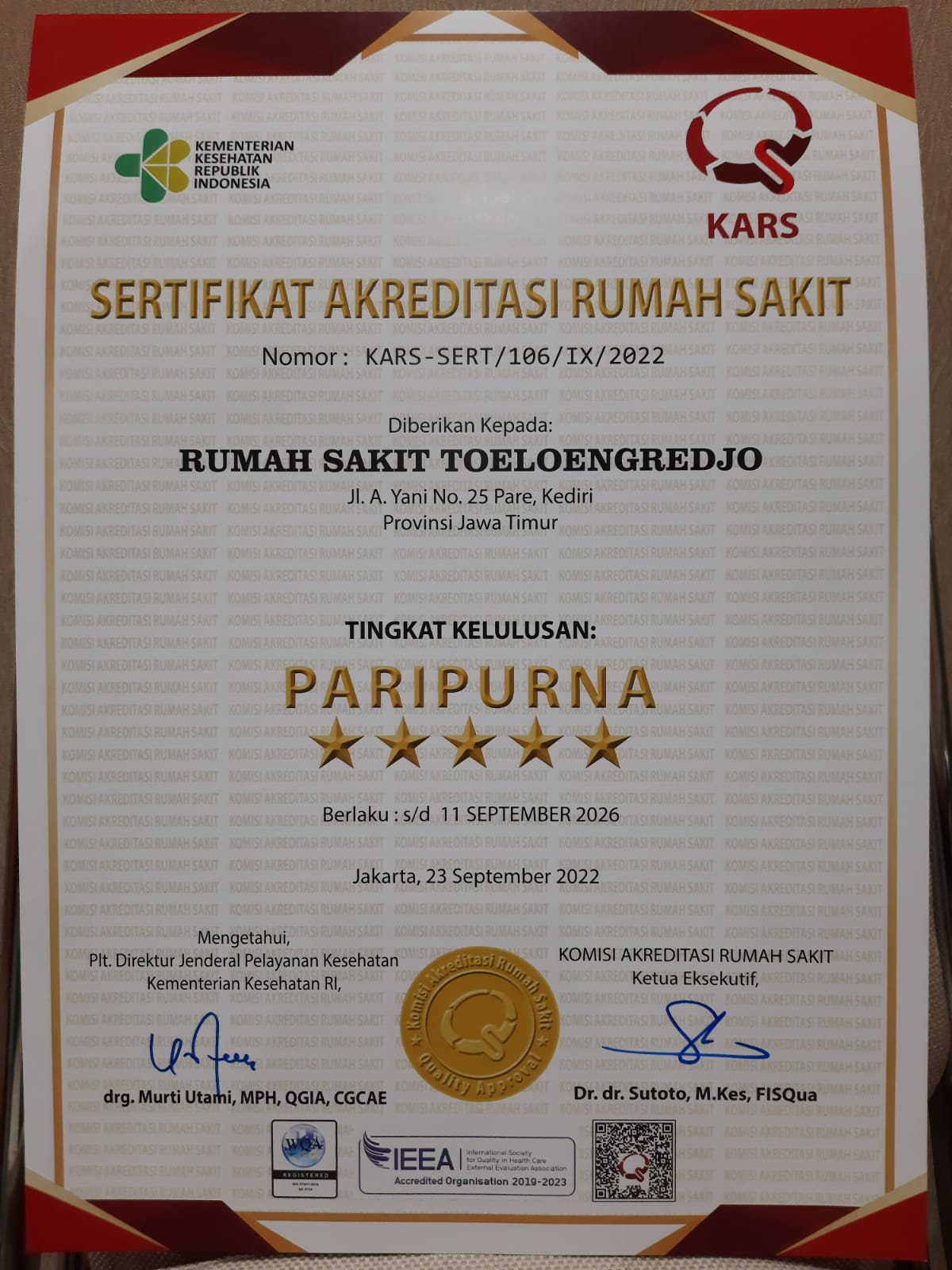 Sertifikat Akreditasi Paripurna Tahun 2022- KARS versi STARKES 2022