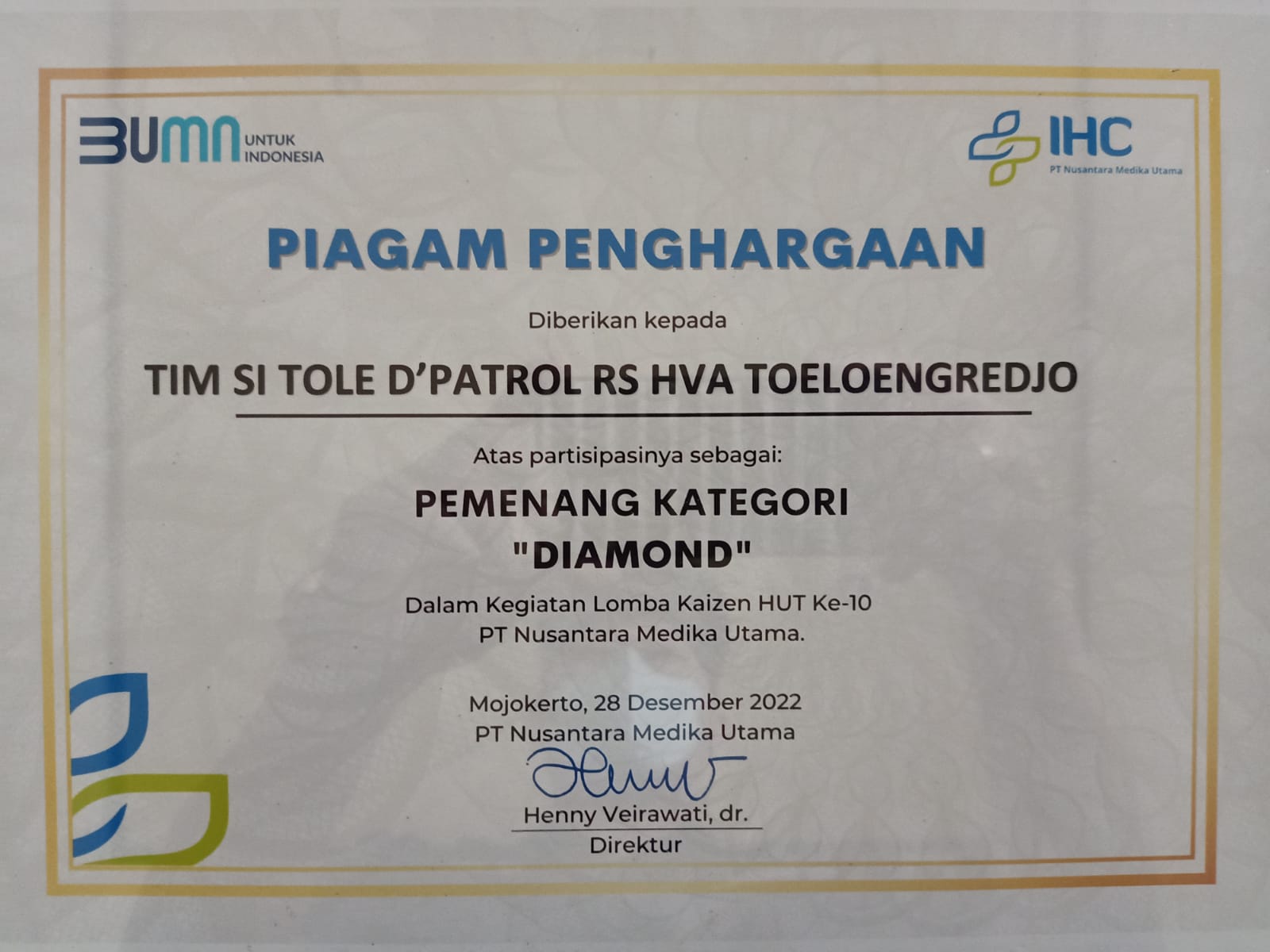 Piagam Penghargaan Lomba Kaizen HUT PT NMU Ke-10, Tim SiTole DPatrol pemenang kategori Diamon